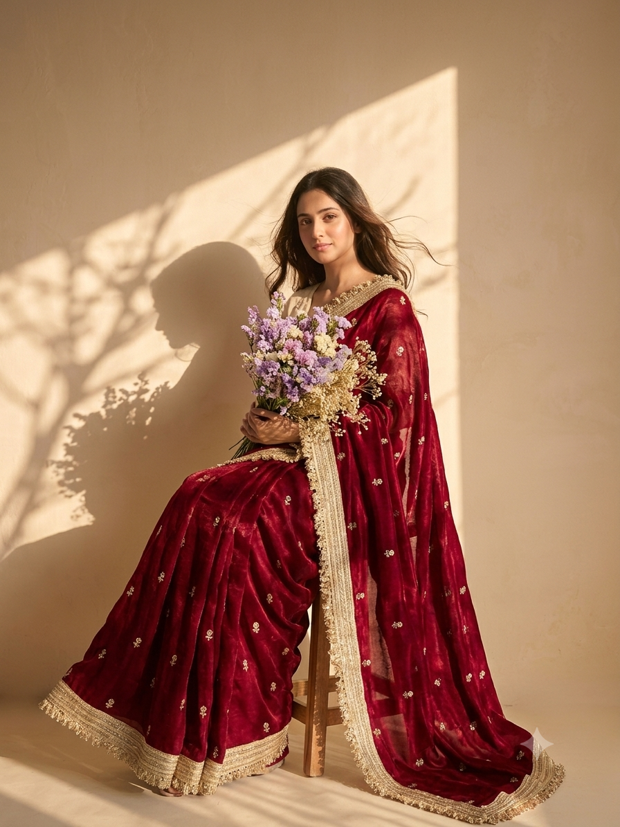 Karnika | Maroon Satin Silk Saree – Wedding & Party Edit