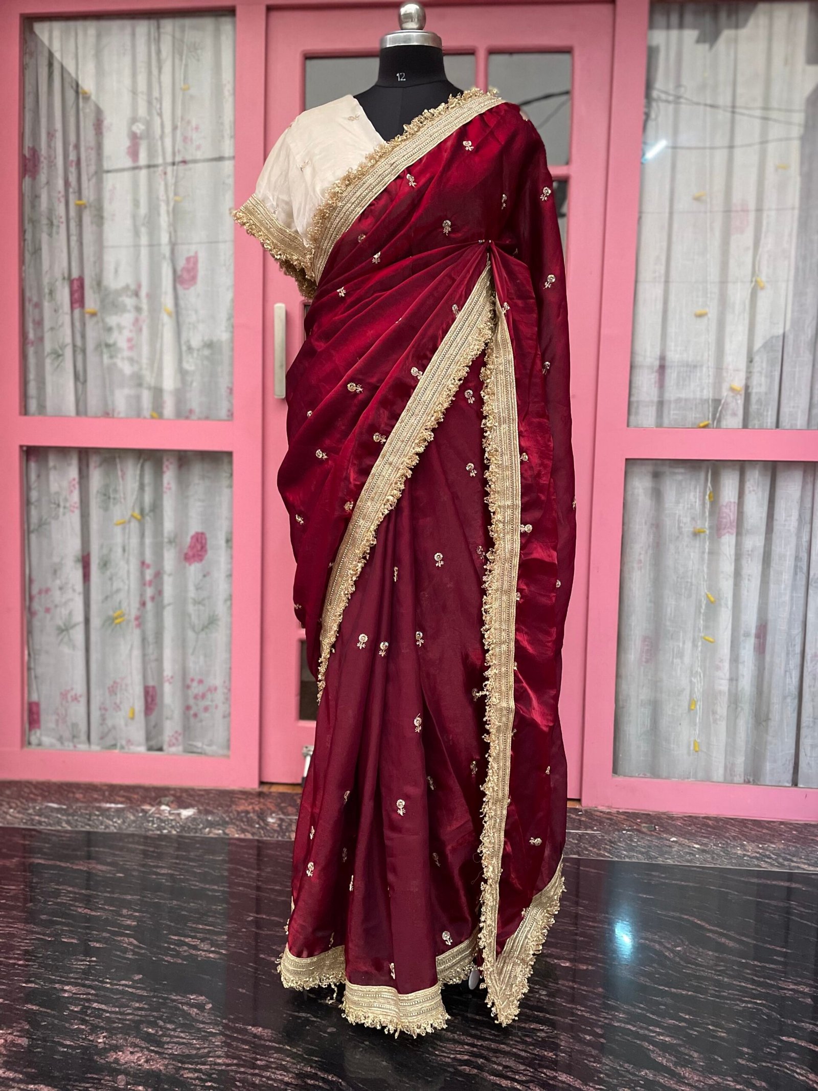 Karnika | Maroon Satin Silk Saree – Wedding & Party Edit