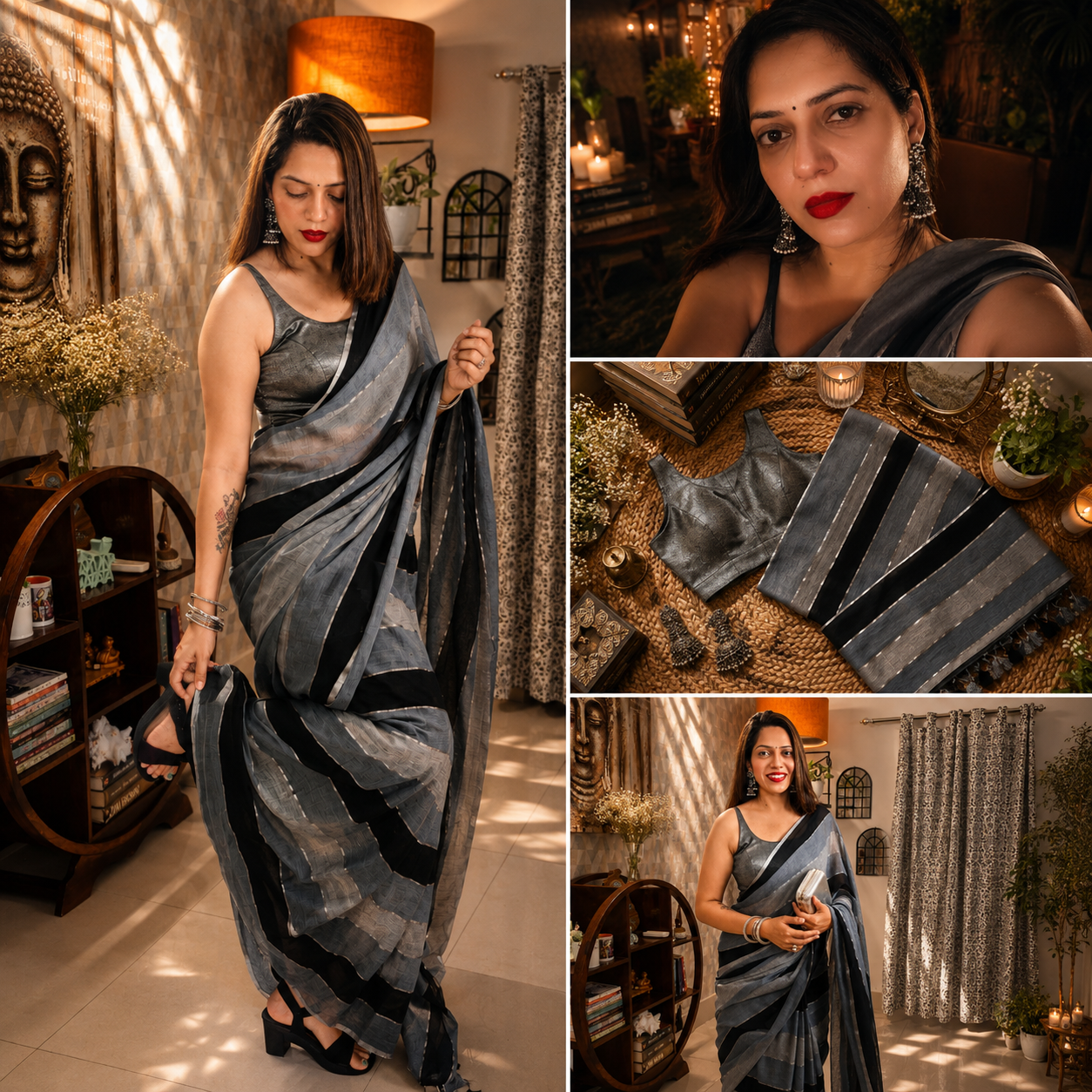Black & Grey Stripes | Soft Mulmul Saree
