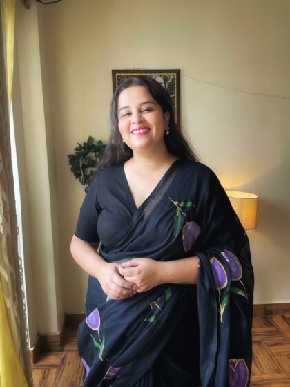Kusum Edit- Black Saree with Purple Tulips