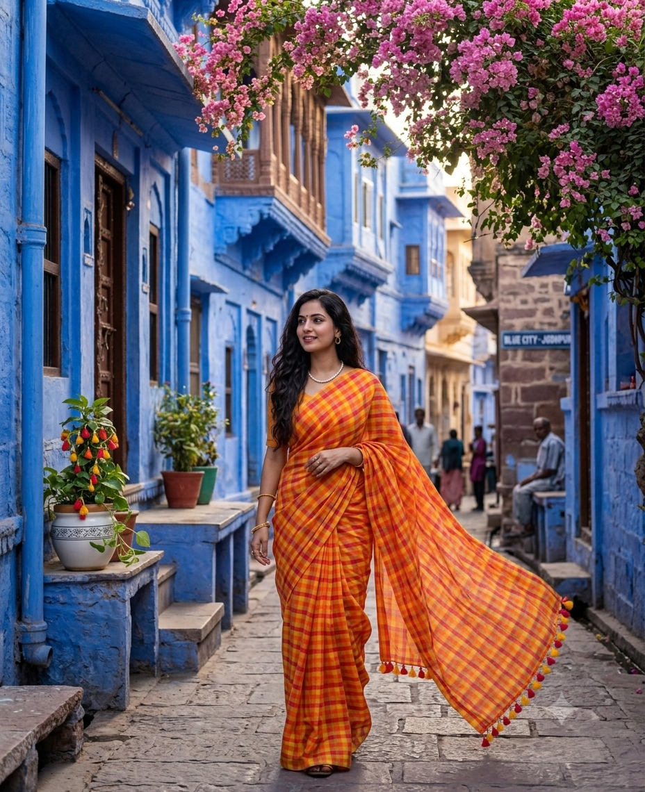 Orange Pink Yellow Checks | Pure Mul Cotton 120 Count Saree