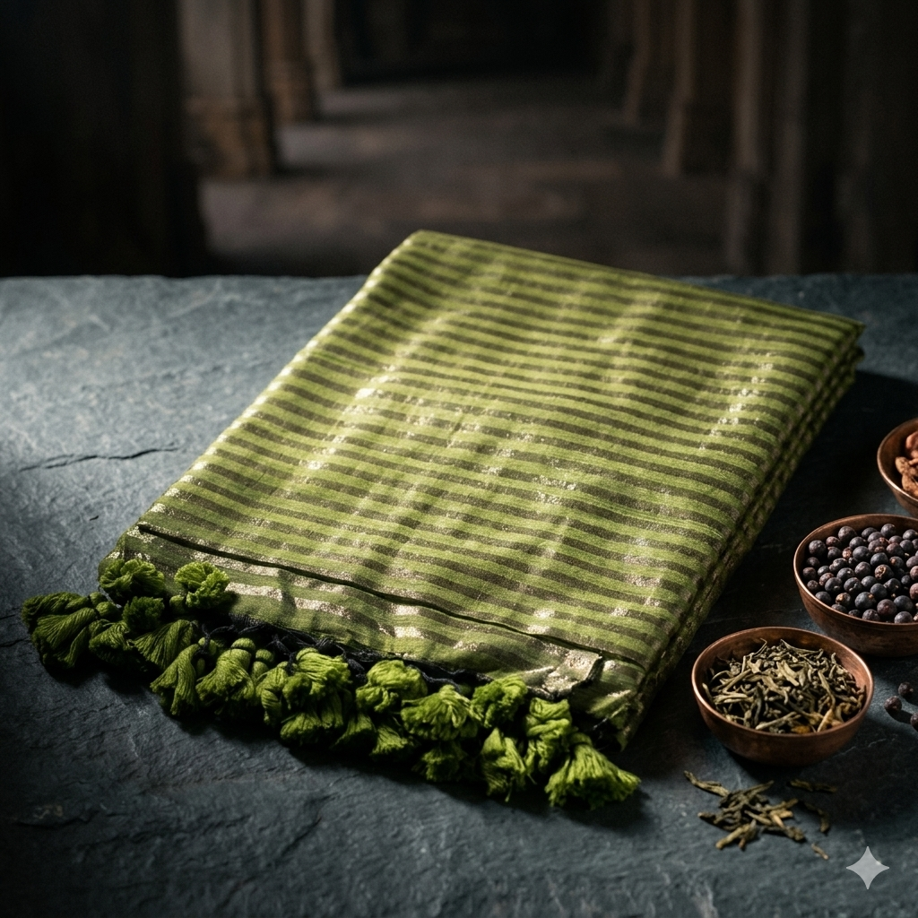 Moh- Olive Green Mul Tissue Cotton Saree with Golden Stripes