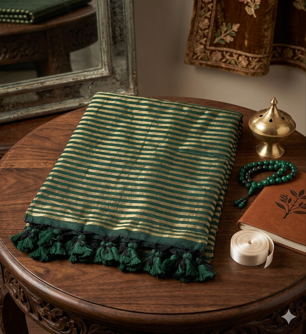 Moh- Bottle Green Mul Tissue Cotton Saree with Golden Stripes