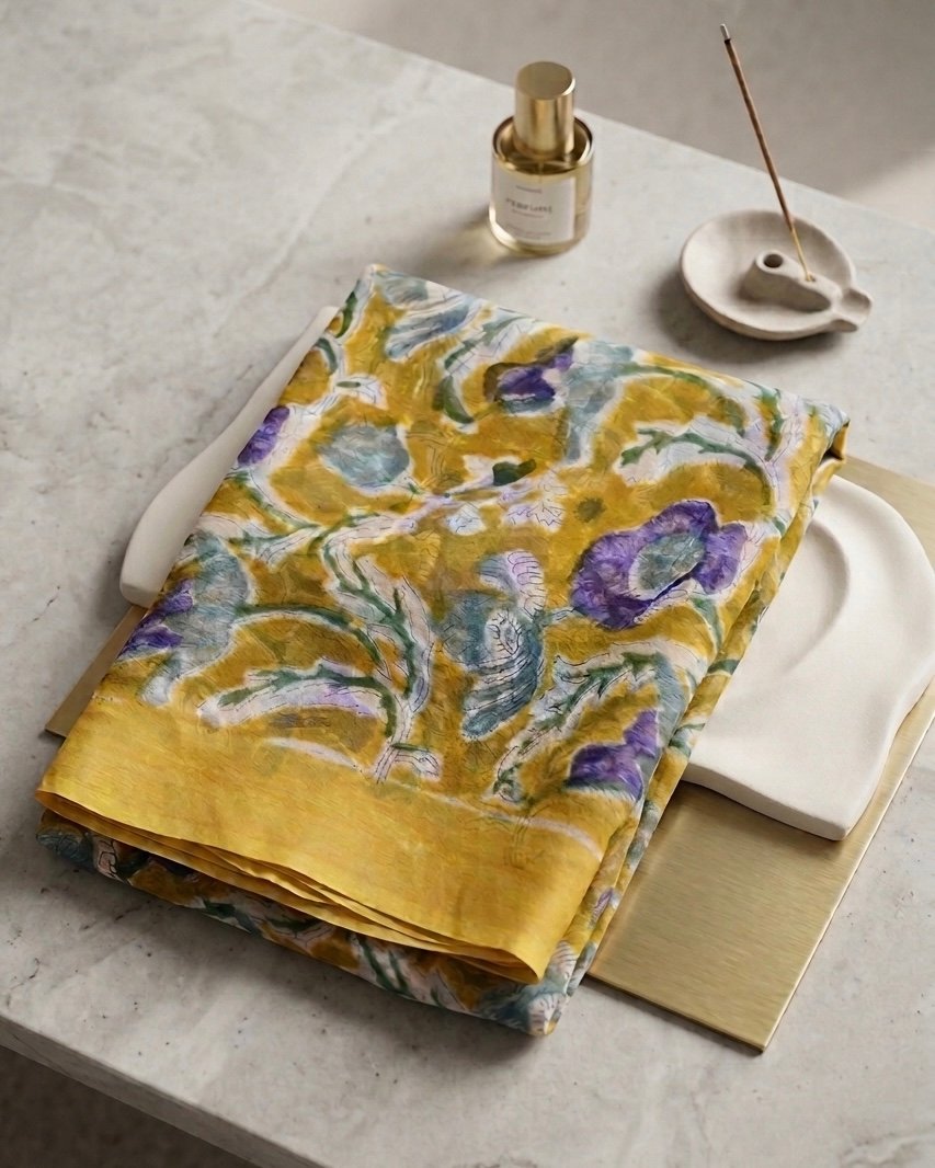 Gulposh- Pure Chiffon with Hand block Printing- Yellow