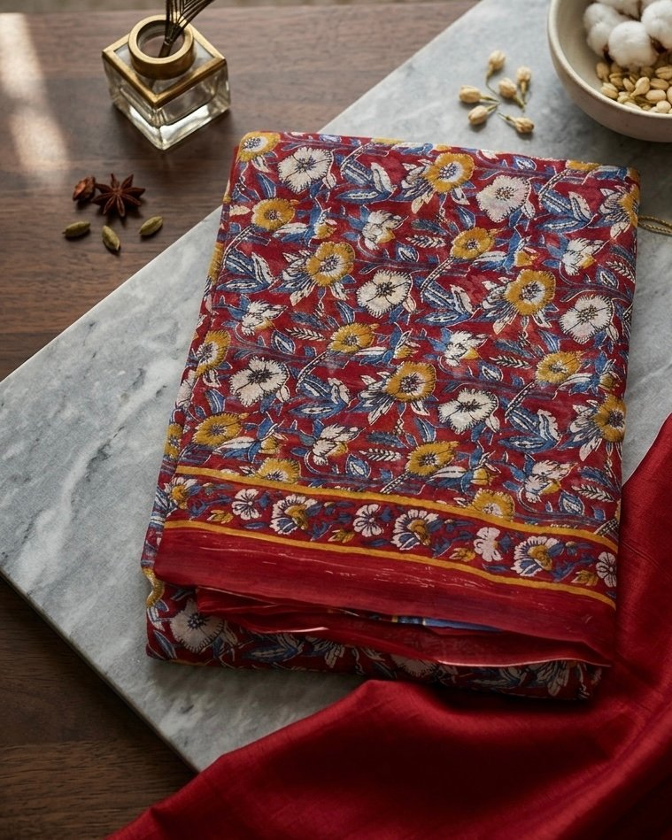 Mehr- Pure Chiffon with Hand block Printing- Red