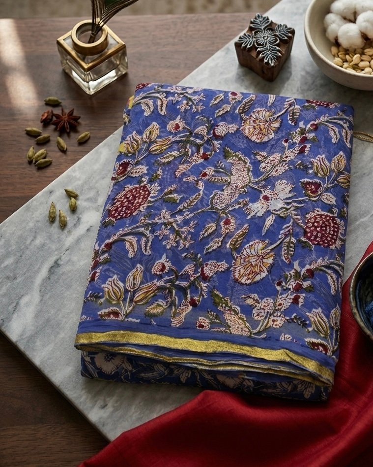 Rangbahar- Pure Chiffon with Hand block Printing- Purple