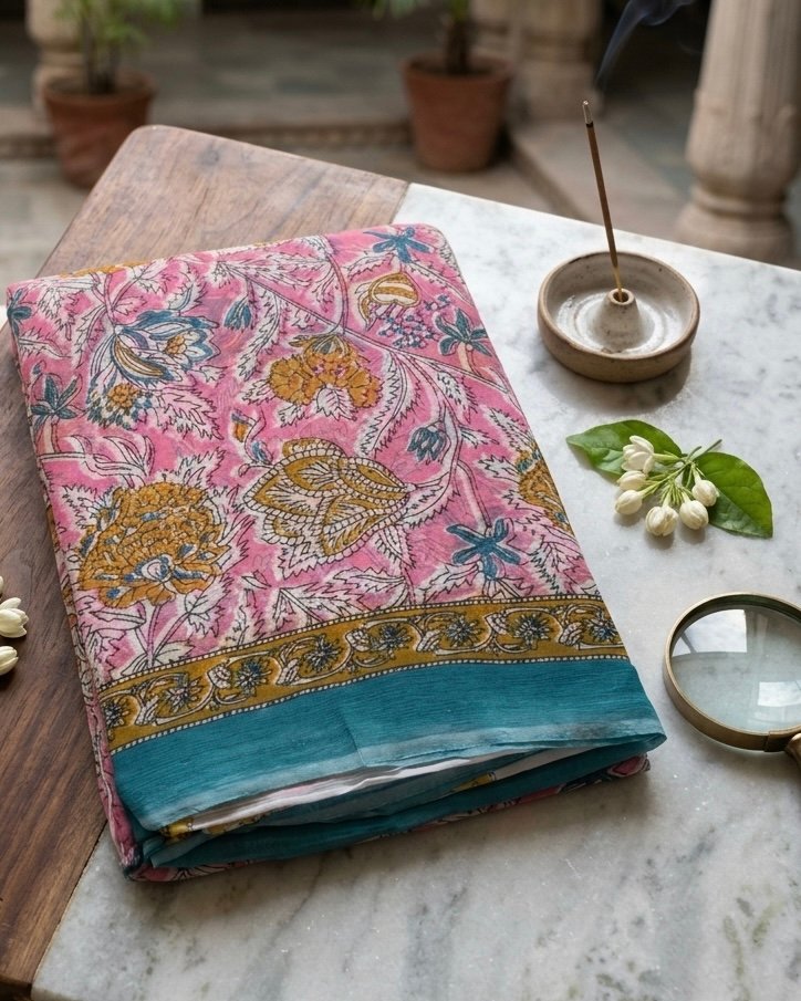 Gulistan- Pure Chiffon with Hand block Printing- Baby Pink