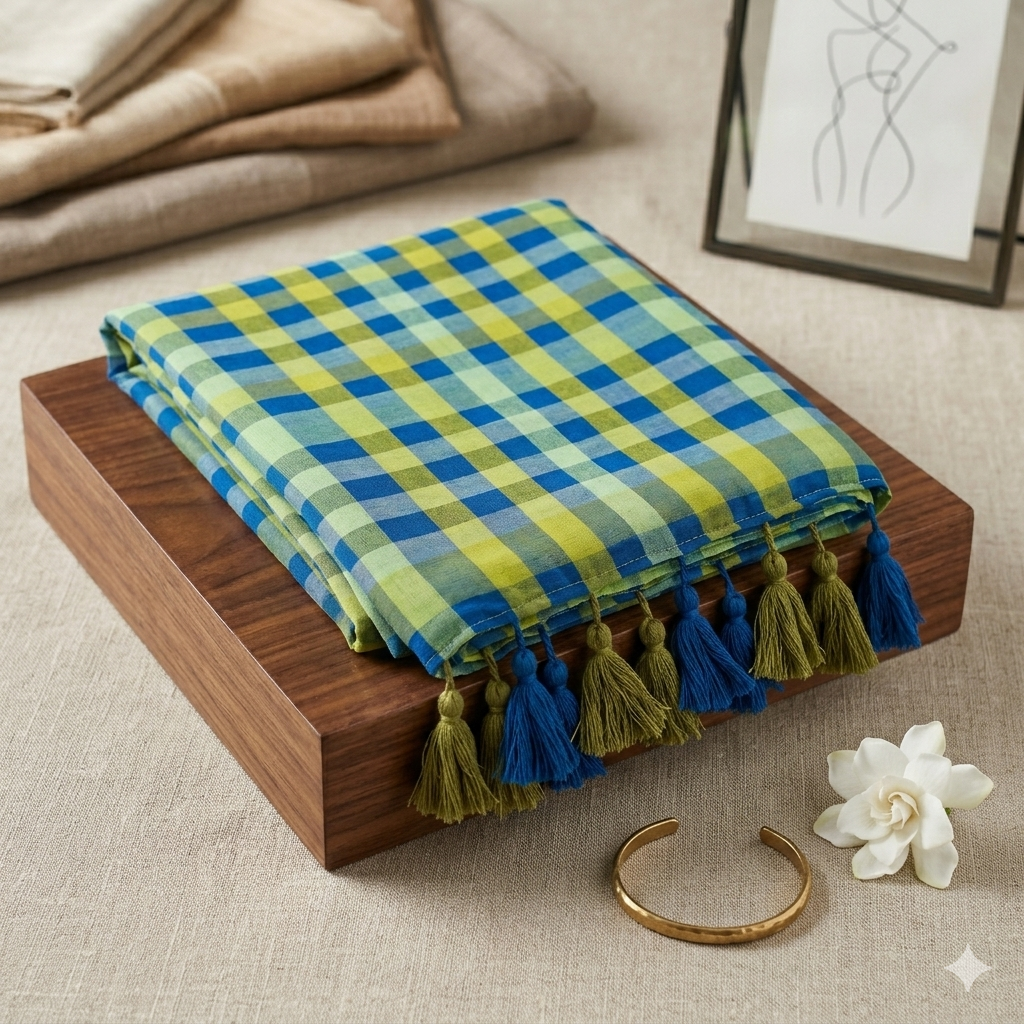 Green Blue White Checks | Pure Mul Cotton 120 Count Saree