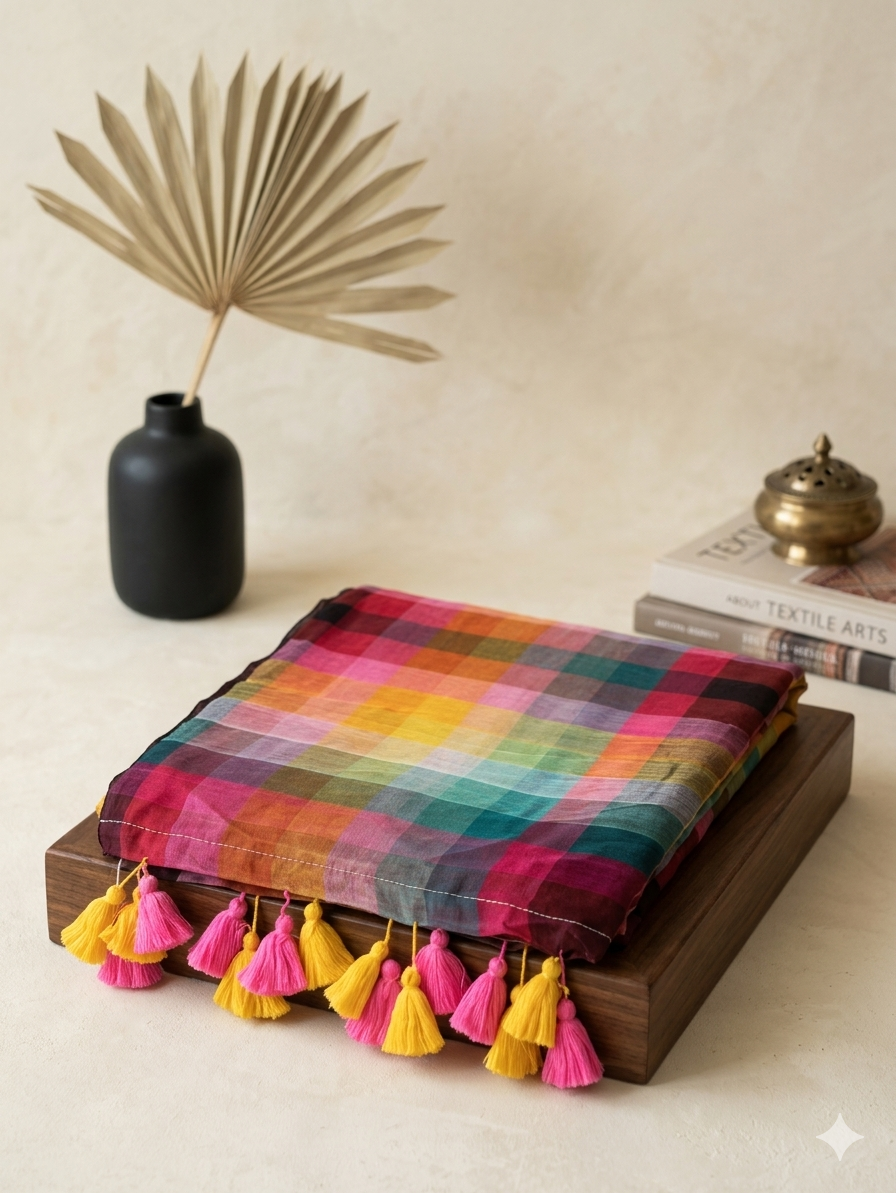 Maroon Mulmul Cotton Saree with Multi-colour Stripes | Soft Mulmul Cotton Saree