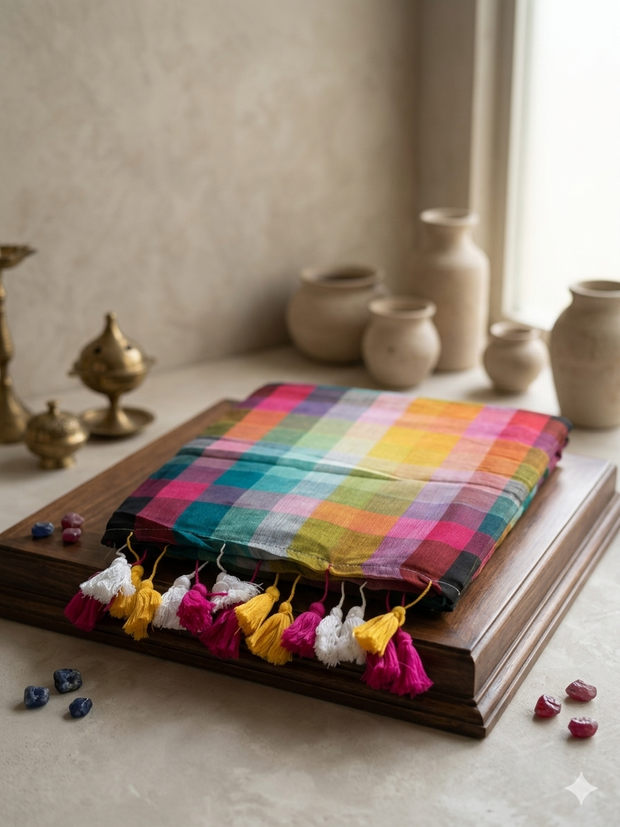 Black Mulmul Cotton Saree with Multi-colour Stripes