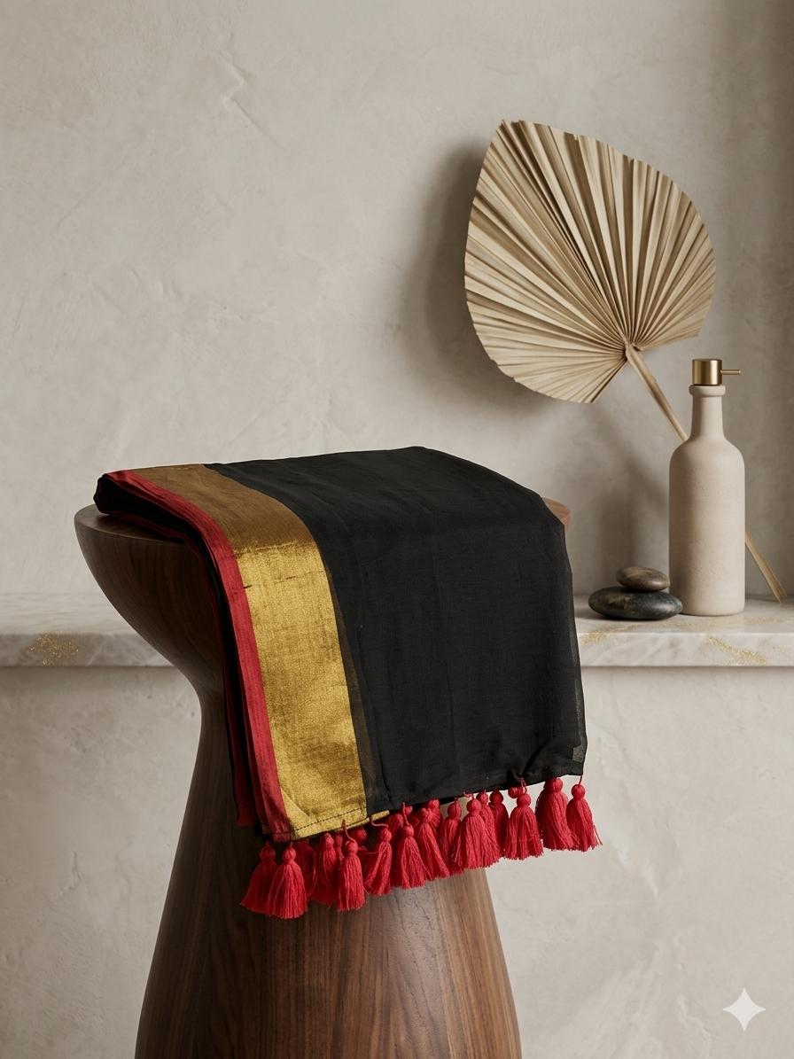Plain Black 120 Count Pure Mulmul Cotton Saree with Golden and thin Red border