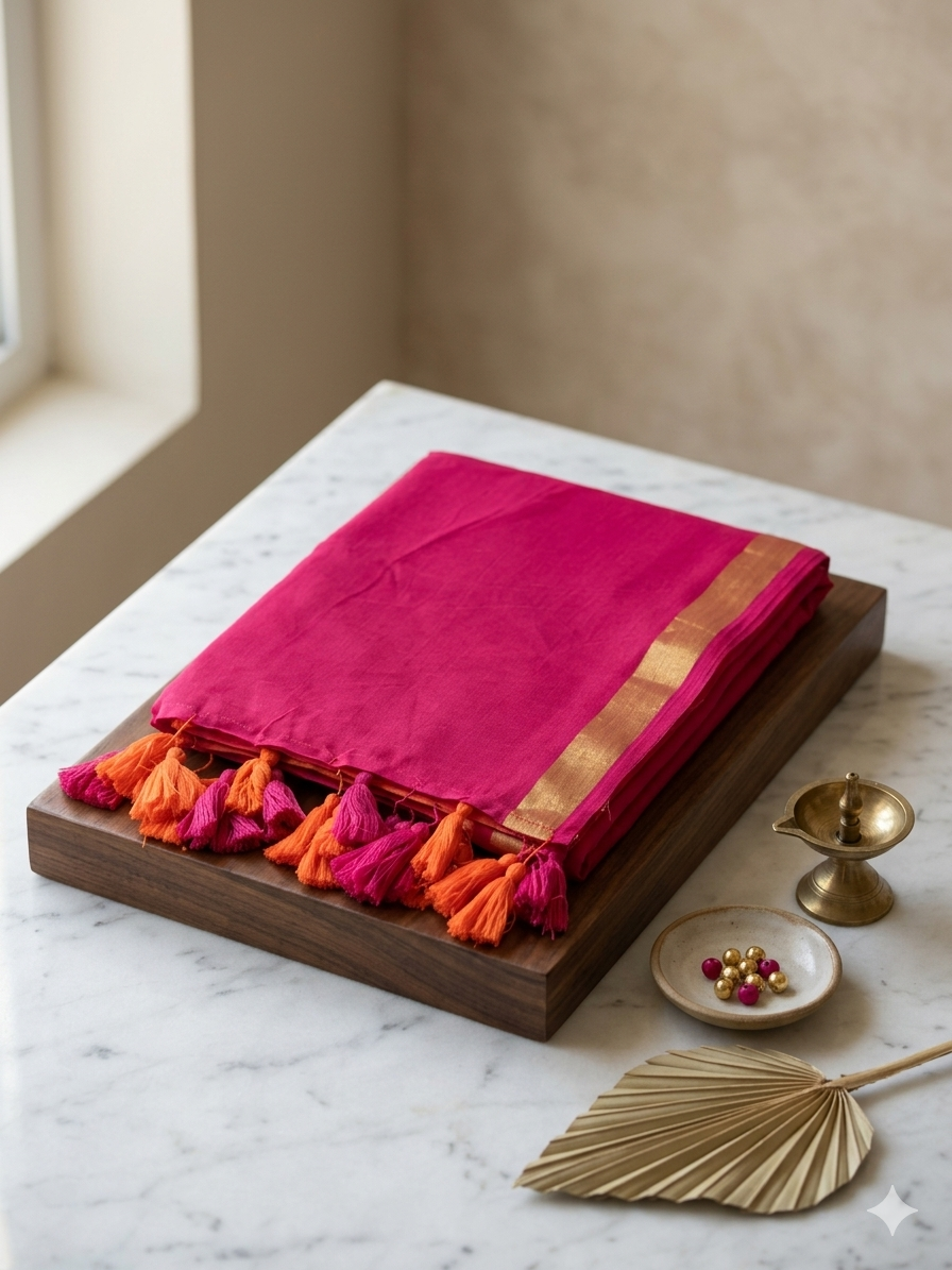 Gulaabi Narangi- 120 Count Pure Mulmul Cotton Half & Half Saree