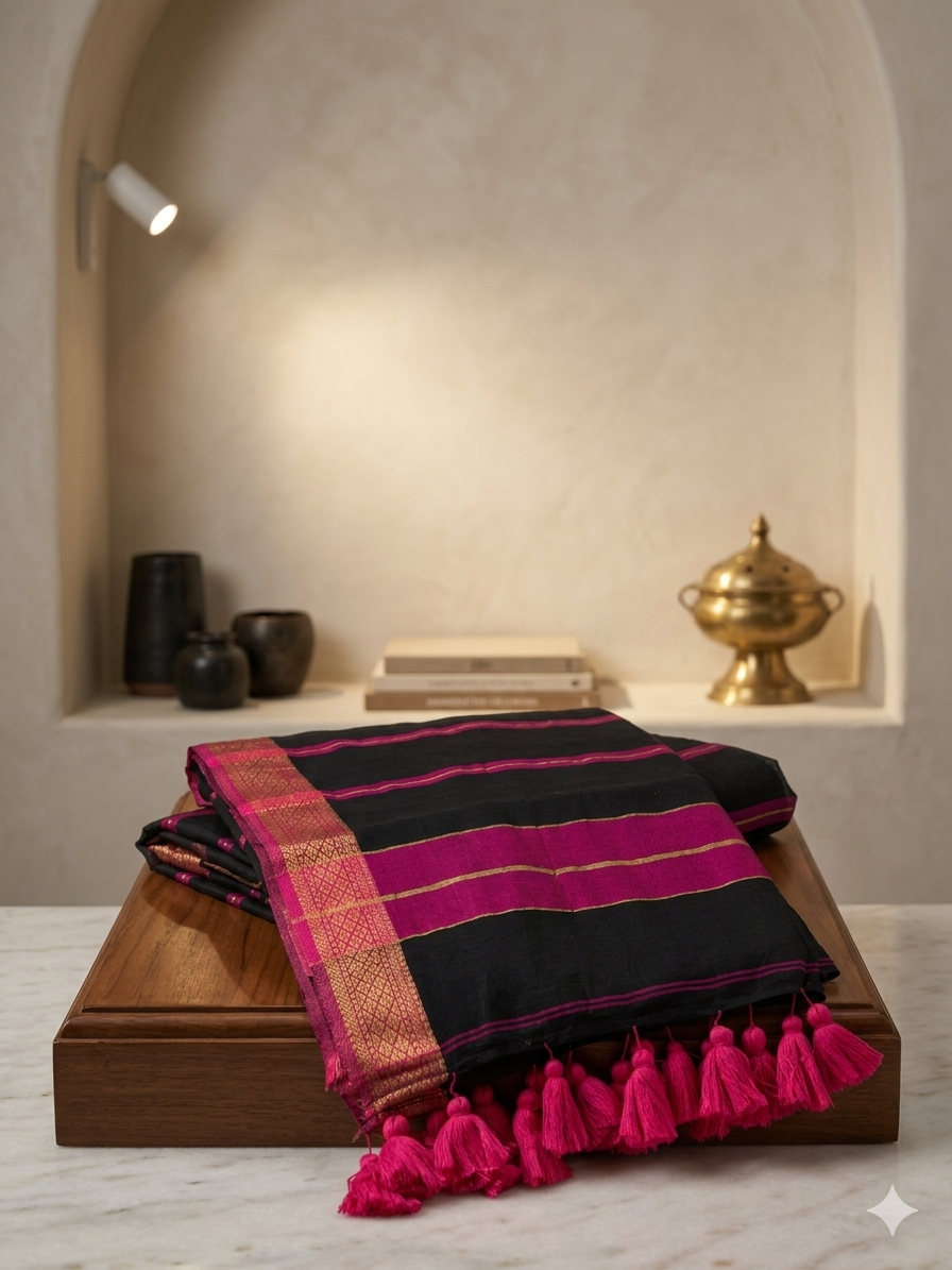 120 Count Plain Black Pure Mul Cotton Saree with Traditional Pink Kanchi Border
