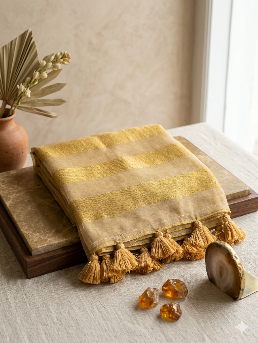 Premium Golden Mul Tissue Saree