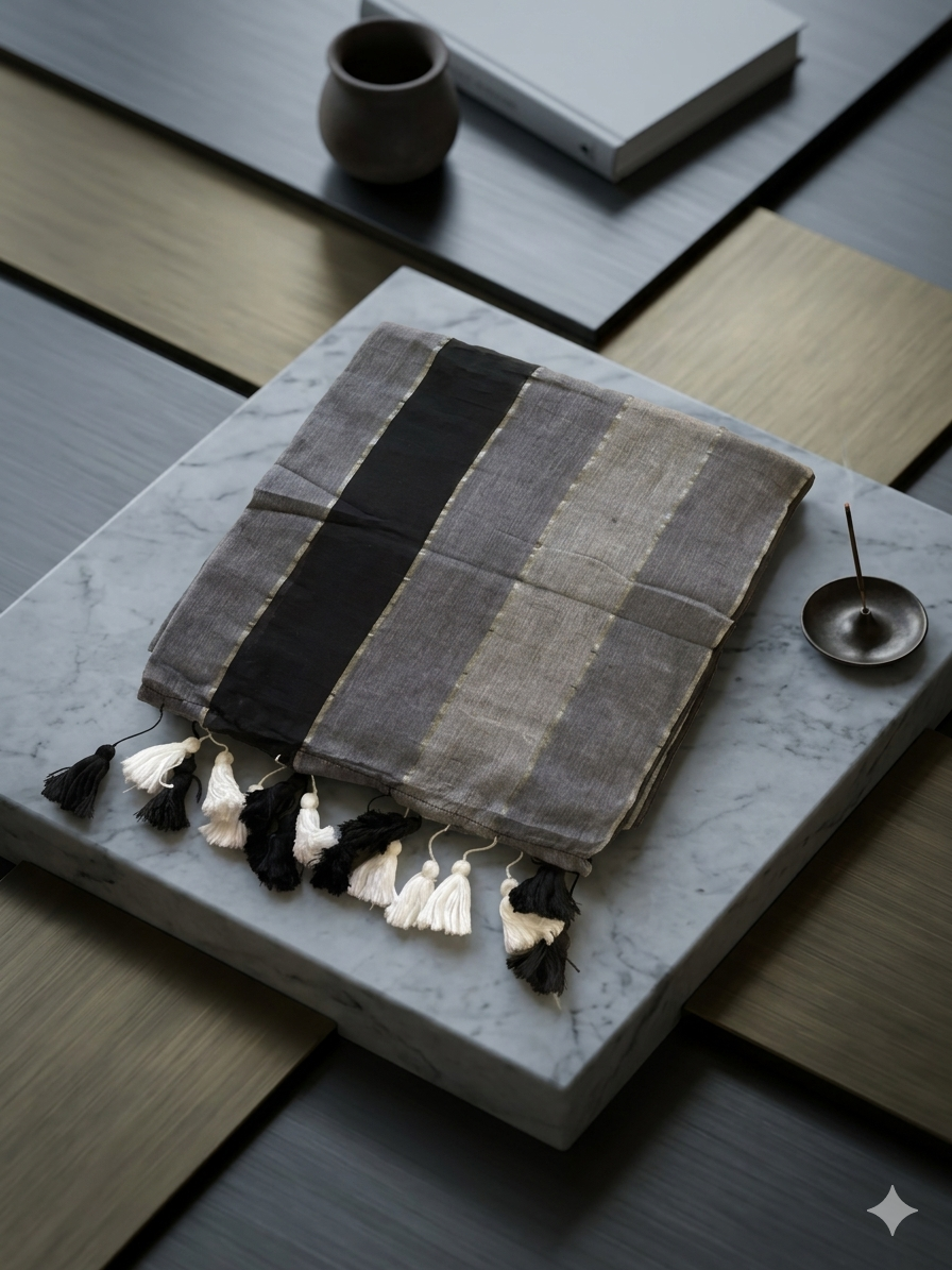 Black & Grey Stripes | Soft Mulmul Saree