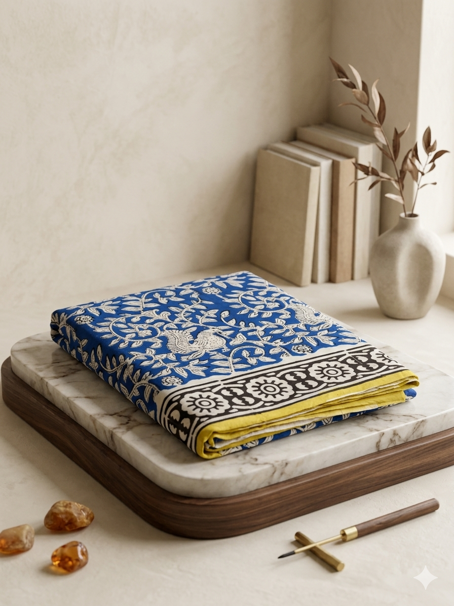 Rich Blue Yellow Pure Cotton Bagru Natural Hand Block Printed Saree