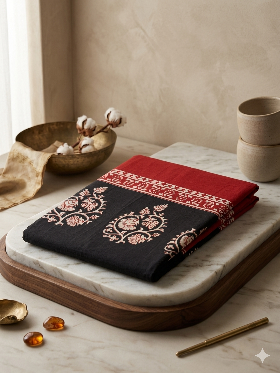 Red & Black Pure Cotton Bagru Natural Hand Block Printed Saree
