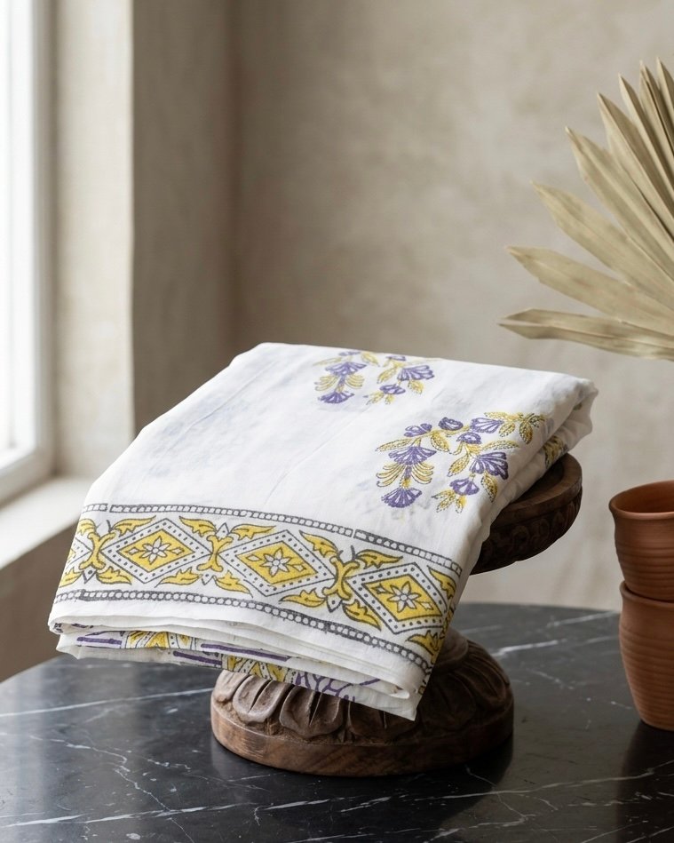 White Floral Motifs Saree | Pure Cotton Bagru Natural Hand Block Printed Saree