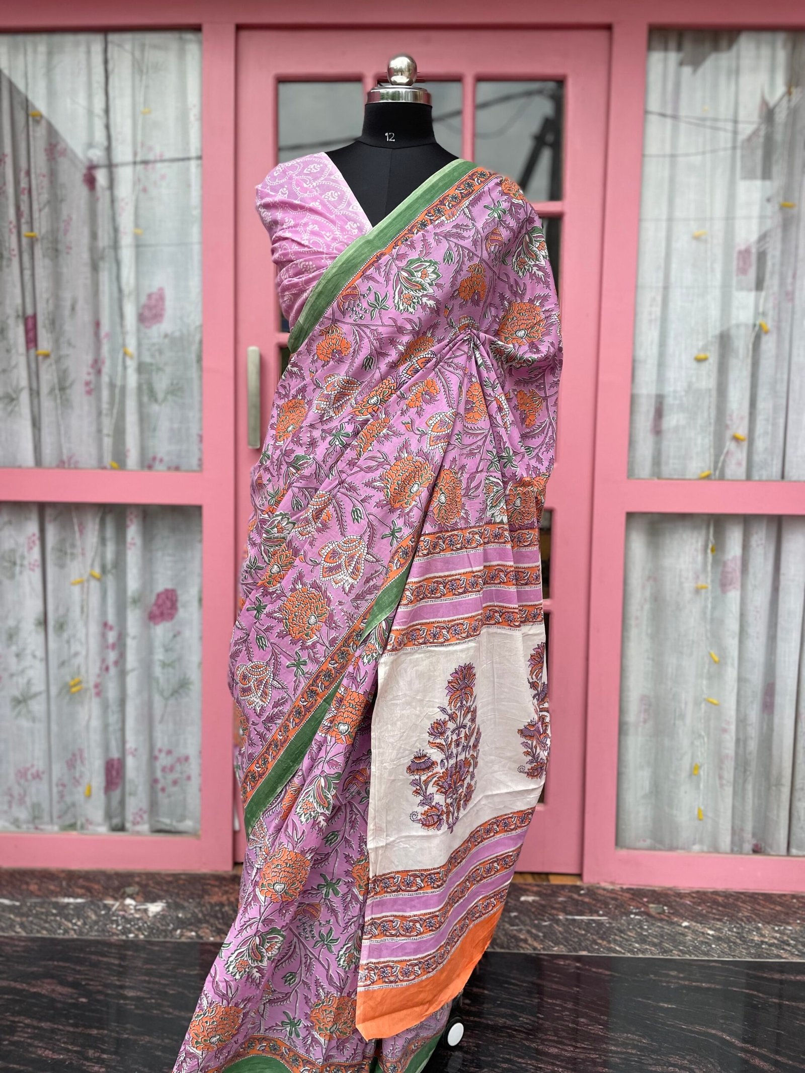 Baharar | Purplish Pink Floral Motifs | Pure Cotton Bagru Hand Block Printed Saree | Natural Dye