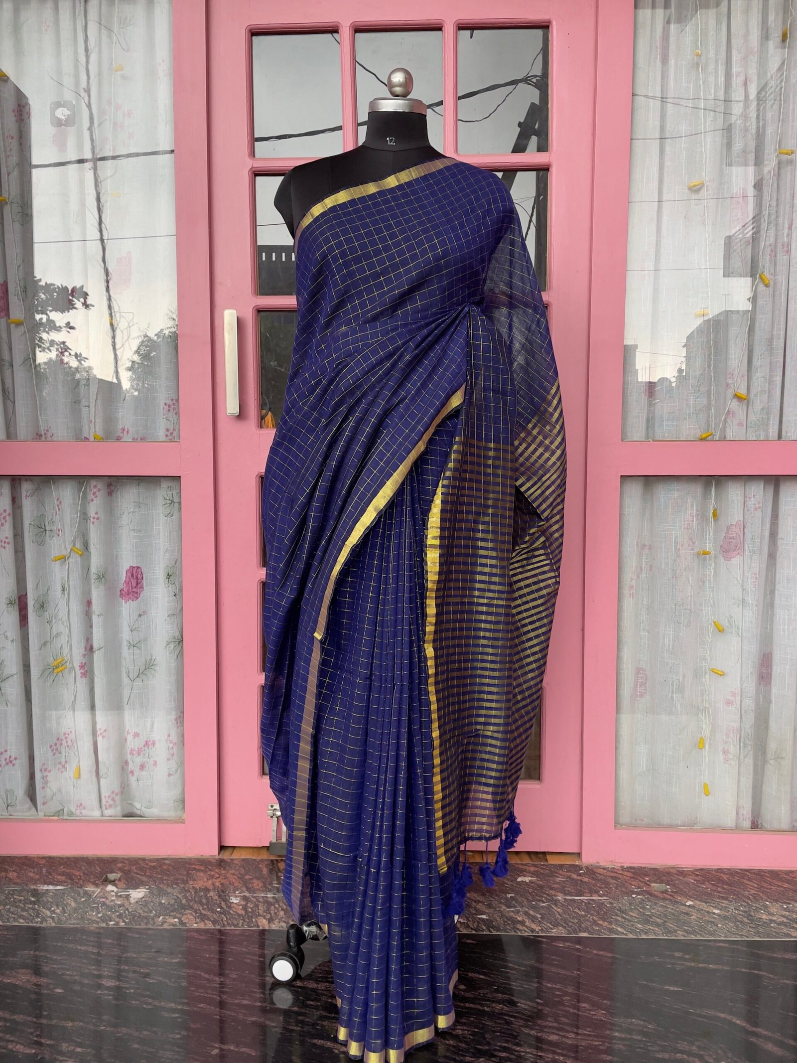 Mohini- Royal Indigo Blue Mul Tissue Cotton Saree with Golden Checks & Stripes