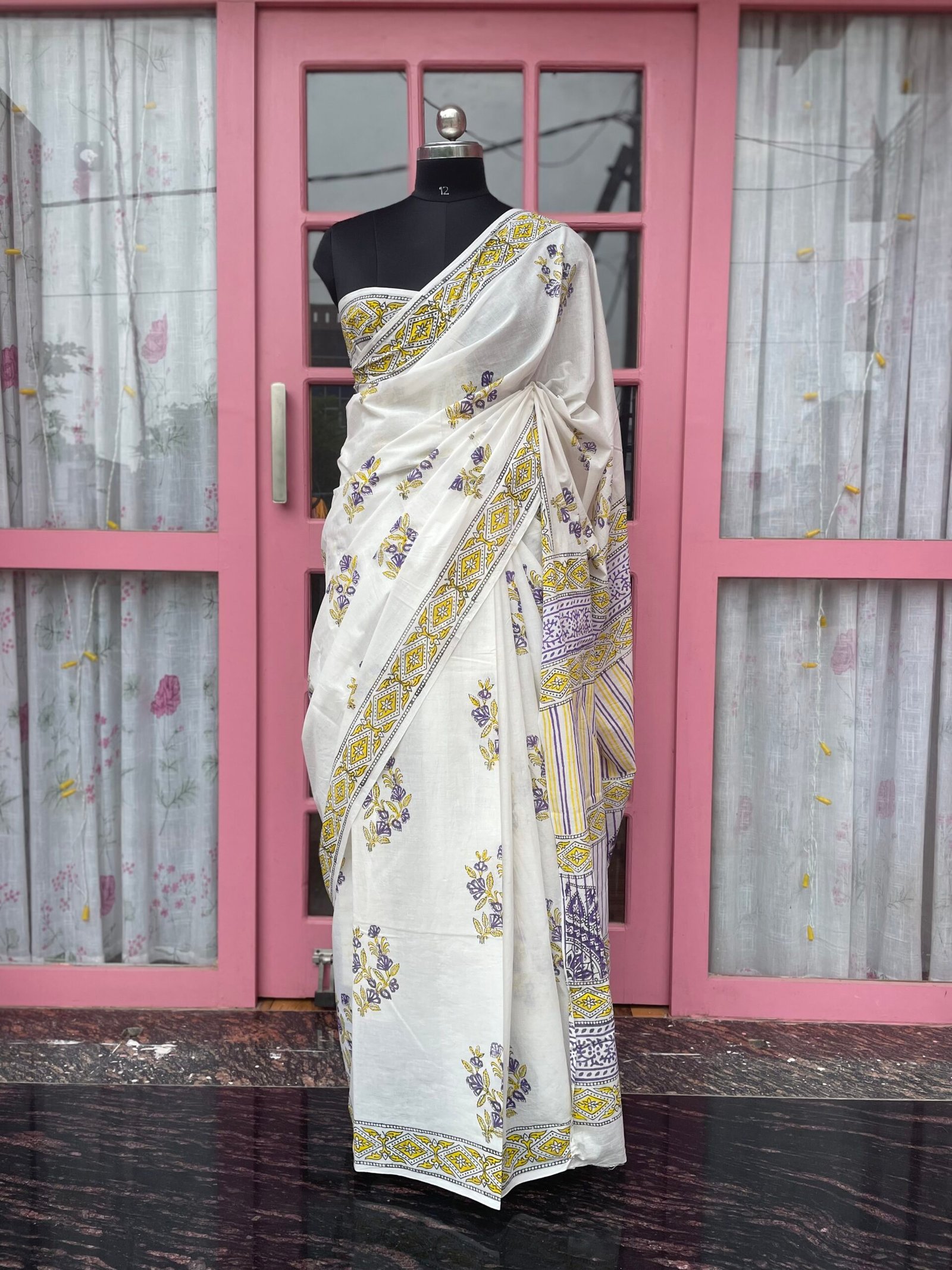 Hima | White Floral Motifs Saree | Pure Cotton Bagru Hand Block Printed Saree | Natural Dye