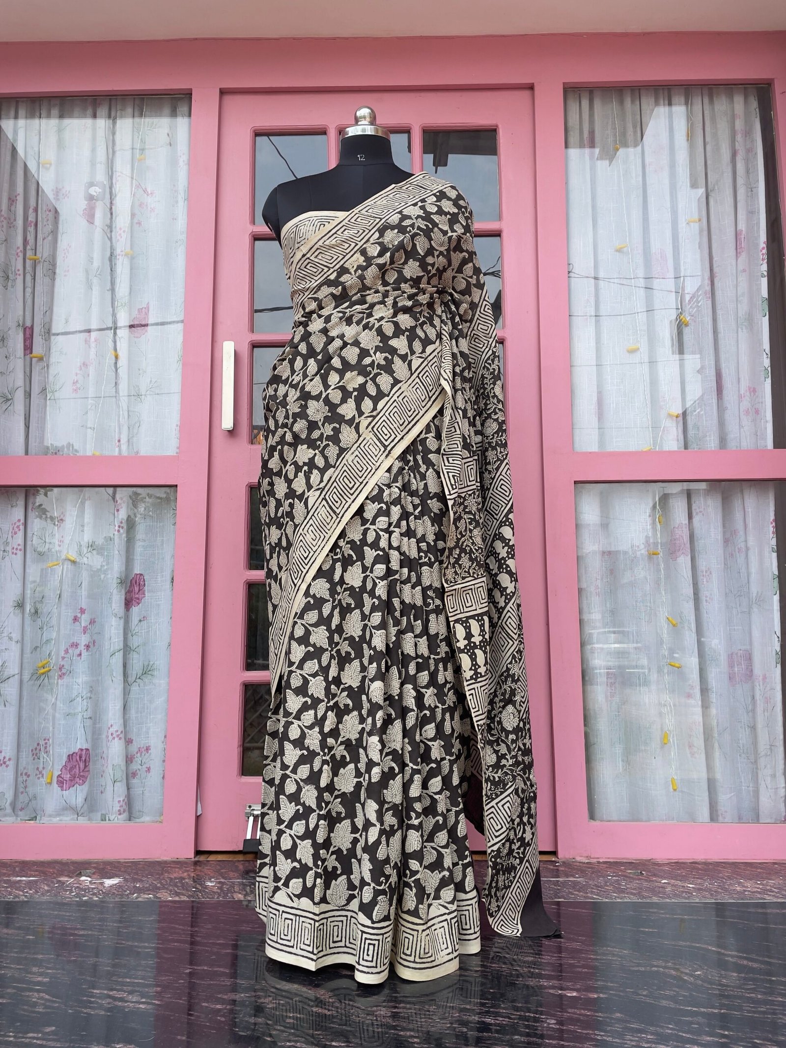 Tarika | Dull Black | Pure Cotton Bagru Hand Block Printed Saree | Natural Dye