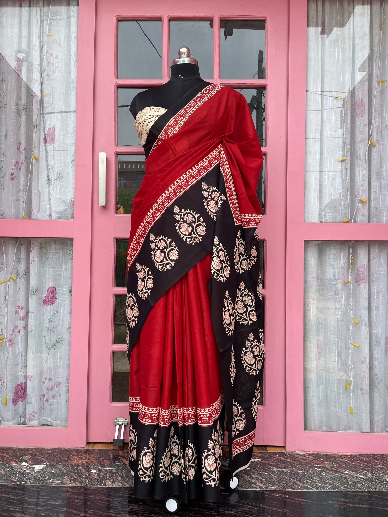 Shakti | Red & Black | Pure Cotton Bagru Hand Block Printed Saree | Natural Dye