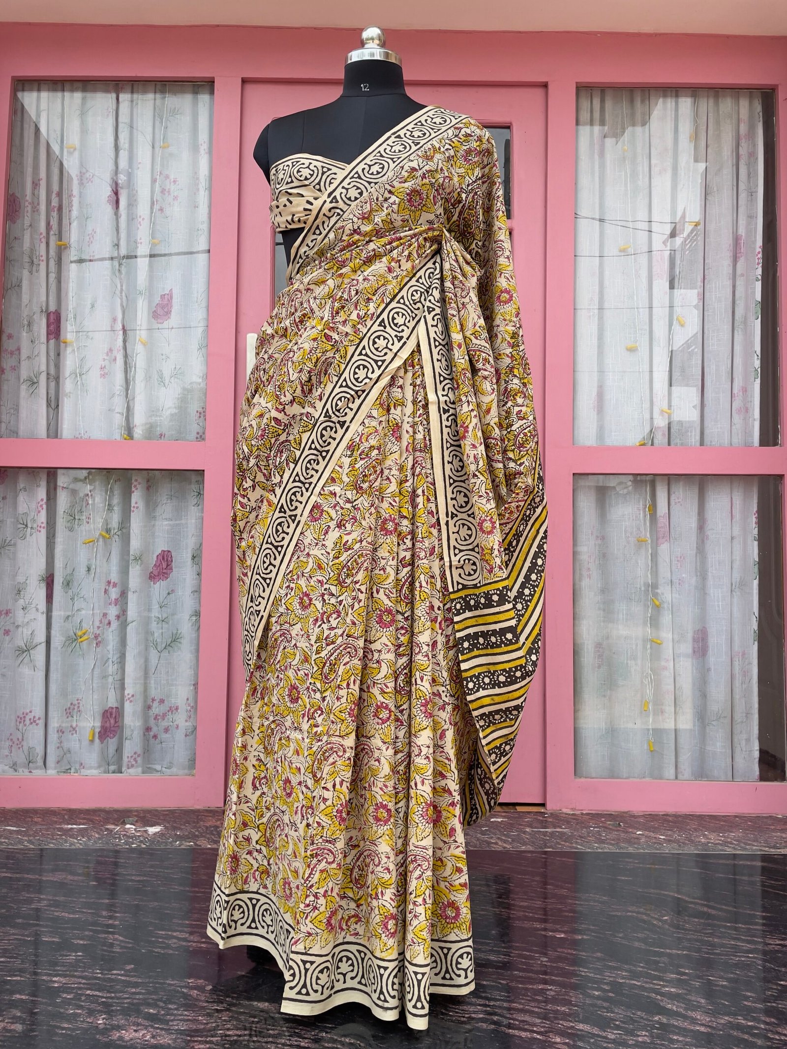 Nargis | Beige Saree with yellow and pink flower | Pure Cotton Bagru Natural Hand Block Printed Saree