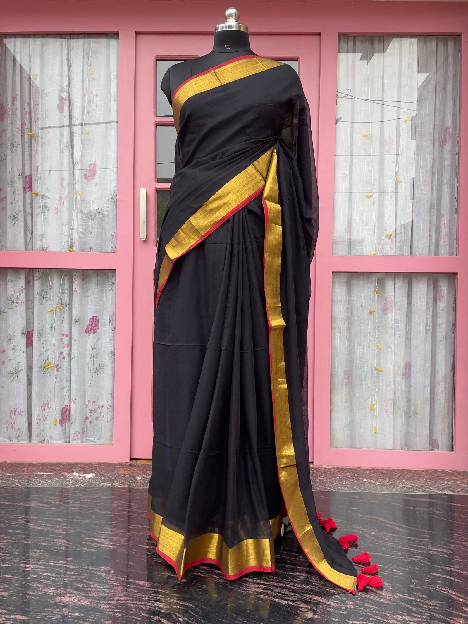 Plain Black 120 Count Pure Mulmul Cotton Saree with Golden and thin Red border