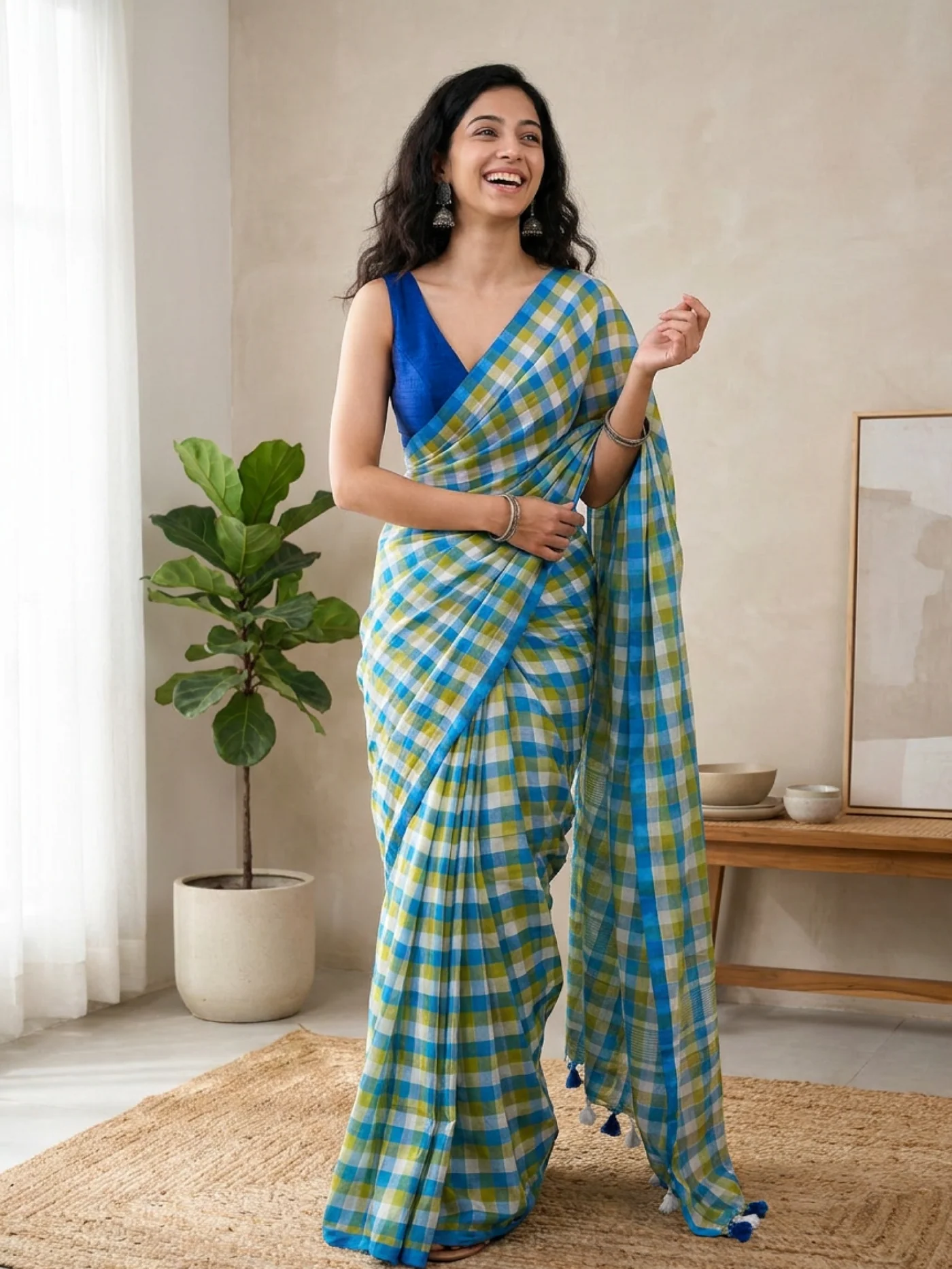 Hariyali | Green Blue White Checks | Pure Mul Cotton 120 Count Saree
