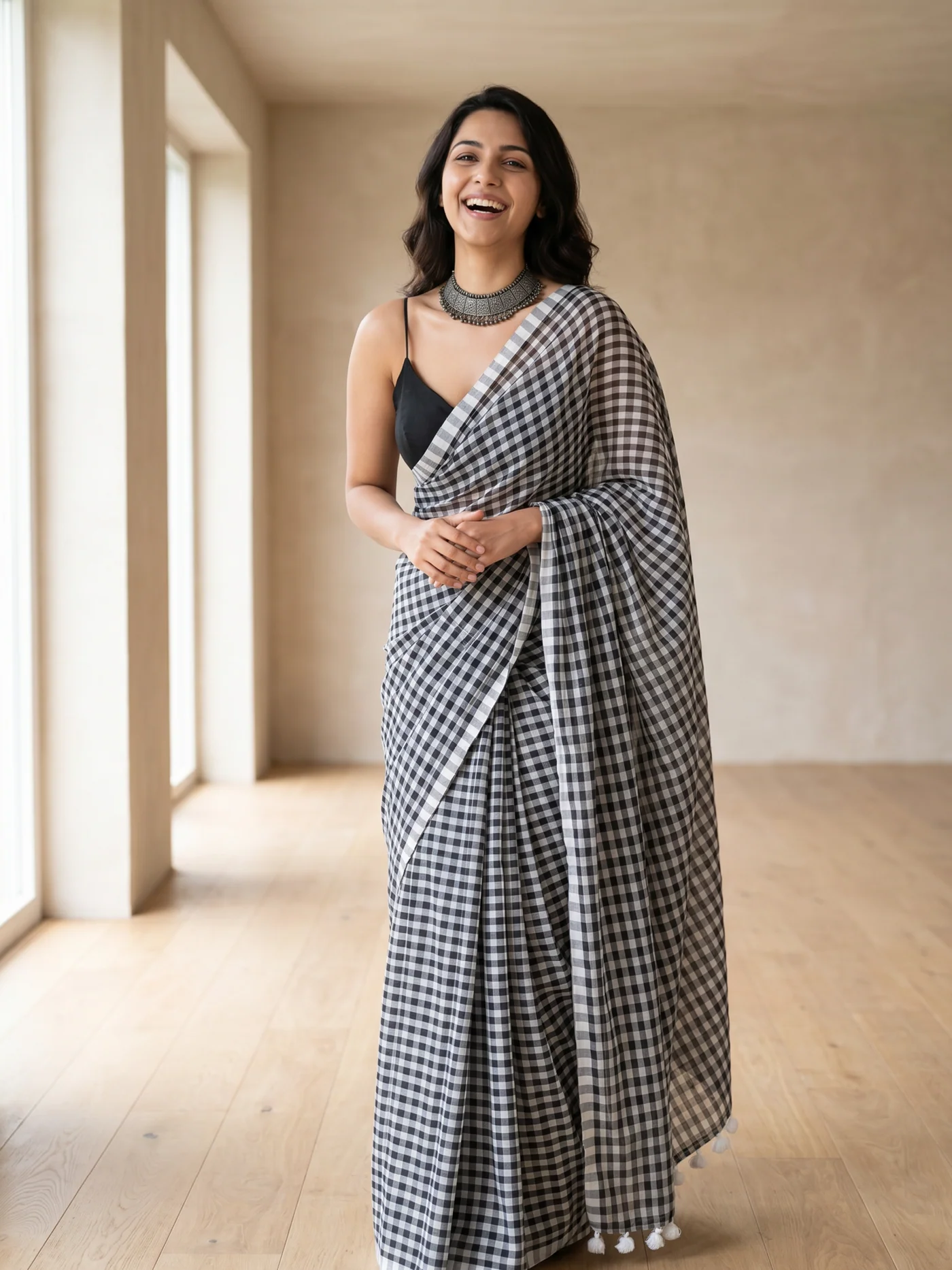 Megha | Classic Checks (Black & White) | Pure Mul Cotton 120 Count Saree