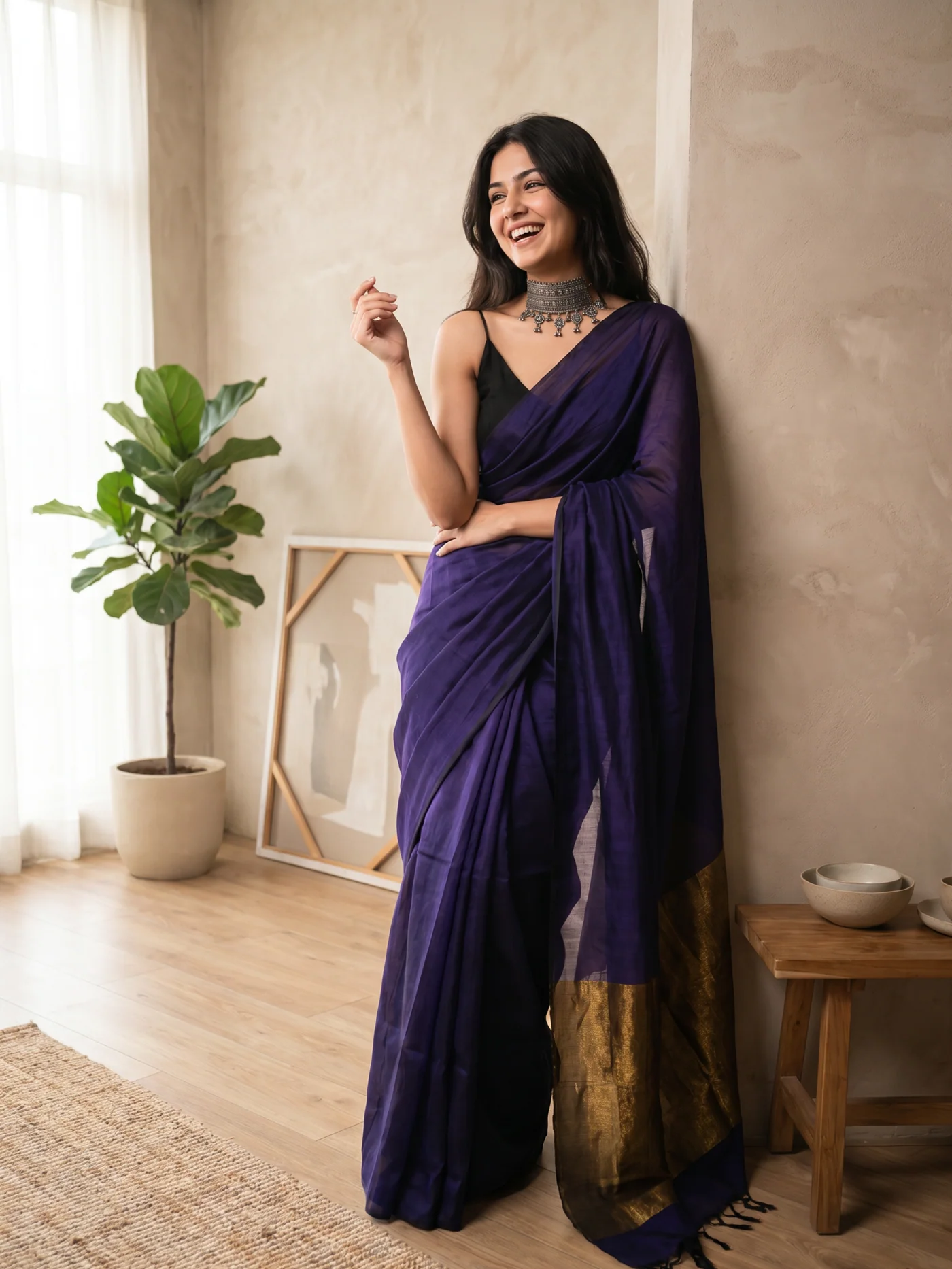 Swarnim- Purple Mul Cotton Saree with Golden Pallu