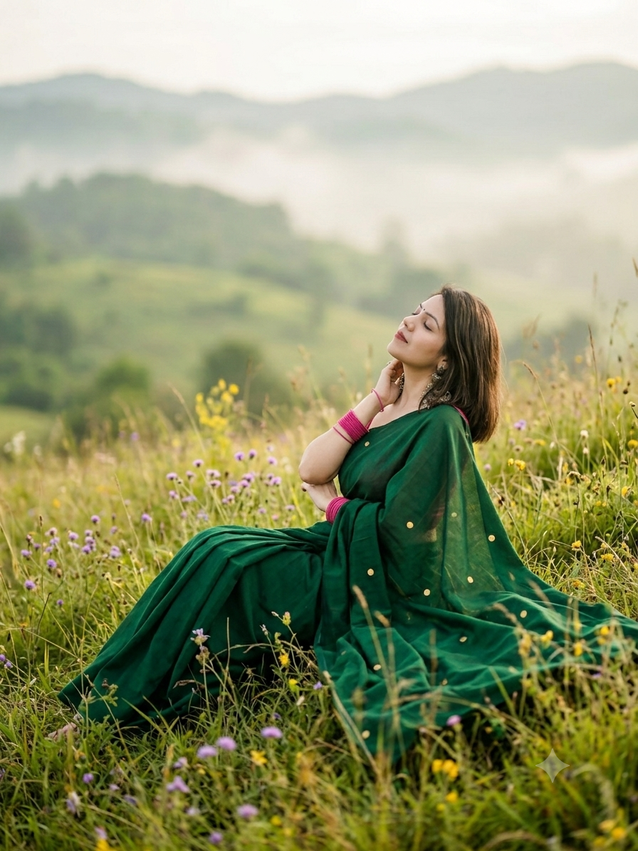 Ginni Khadi Cotton Saree (Bottle Green)