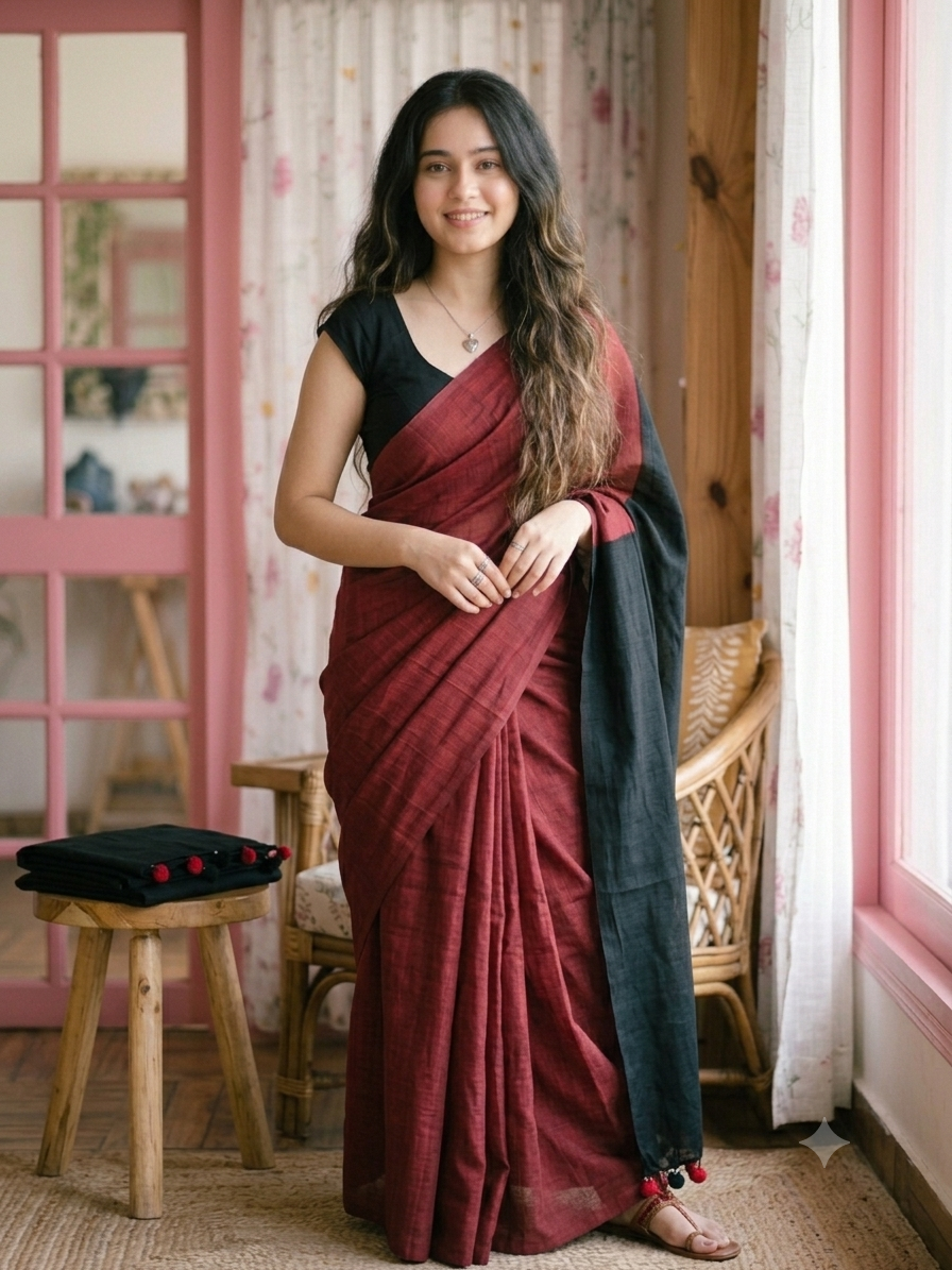 Aliya | Khadi Cotton Saree | Maroon & Black