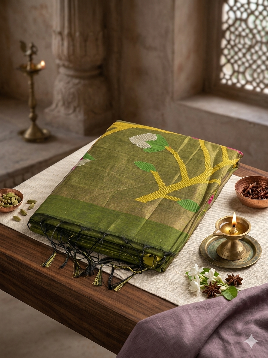 Resham (Mehendi) | Muslin Jamdani Silk Saree