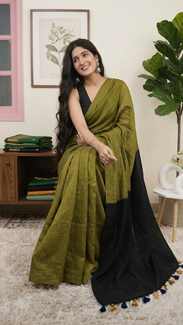 Renu | Khadi Cotton Saree | Olive Green & Black