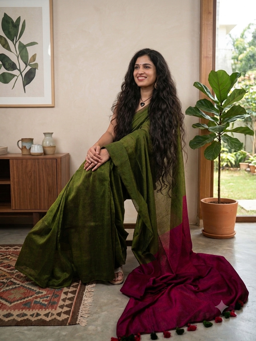 Anaya | Khadi Cotton Saree | Olive Green & Pink