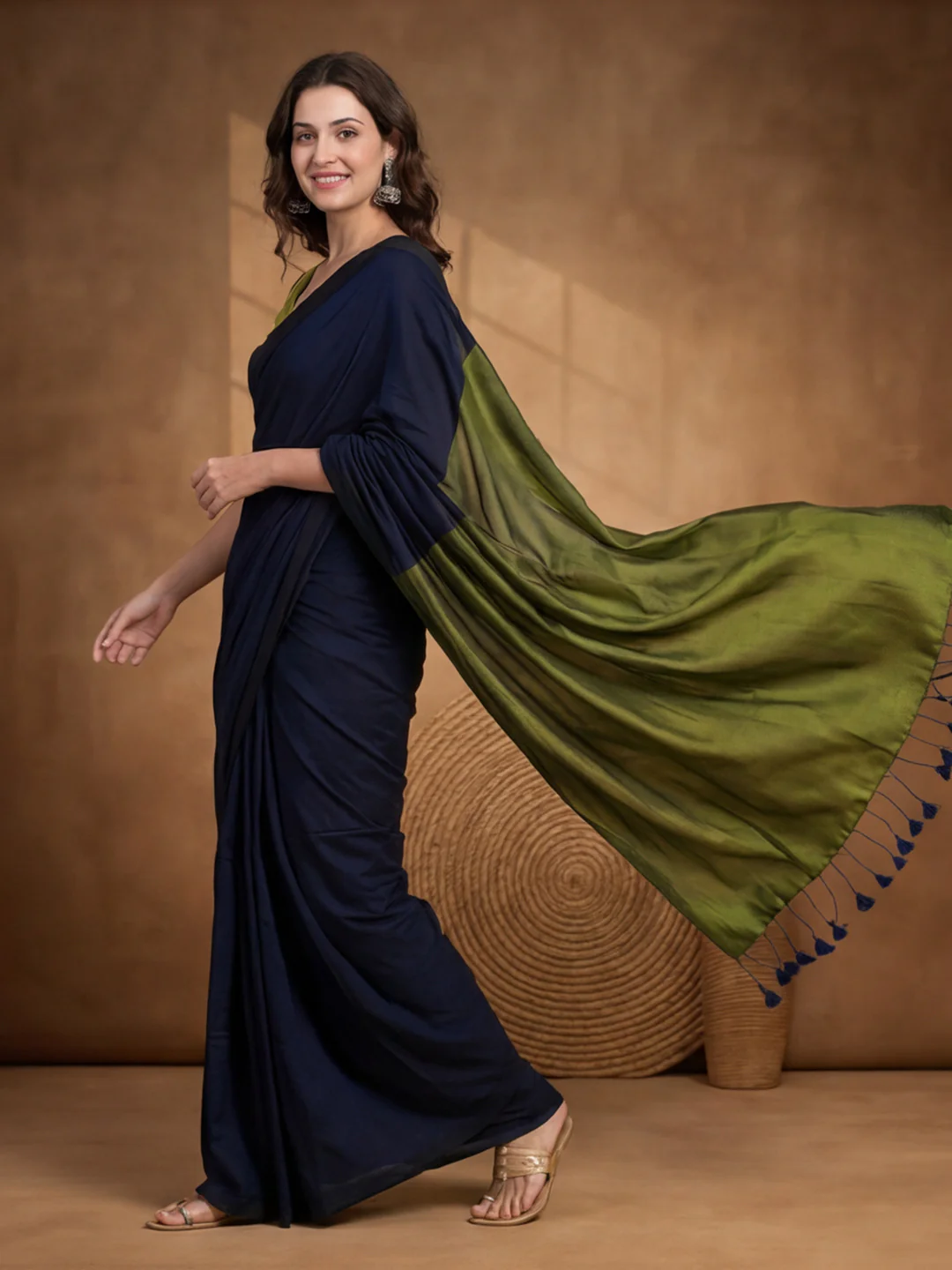 Aradhya | Khadi Cotton Saree | Navy Blue & Olive Green