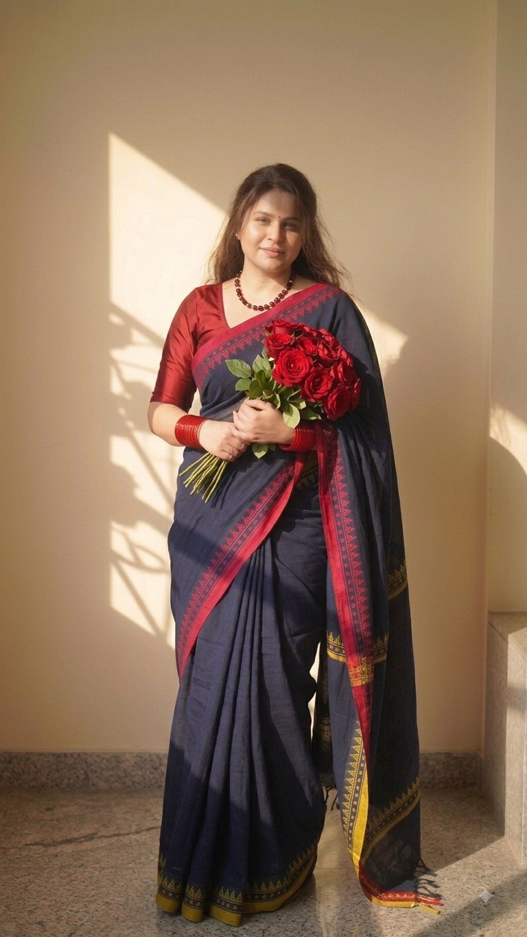 Navy Blue Dhonekhali Handloom Cotton Saree