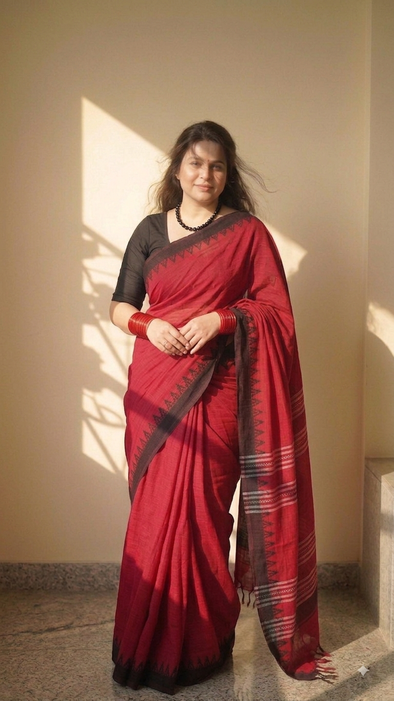Red Dhonekhali Handloom Cotton Saree with Black border