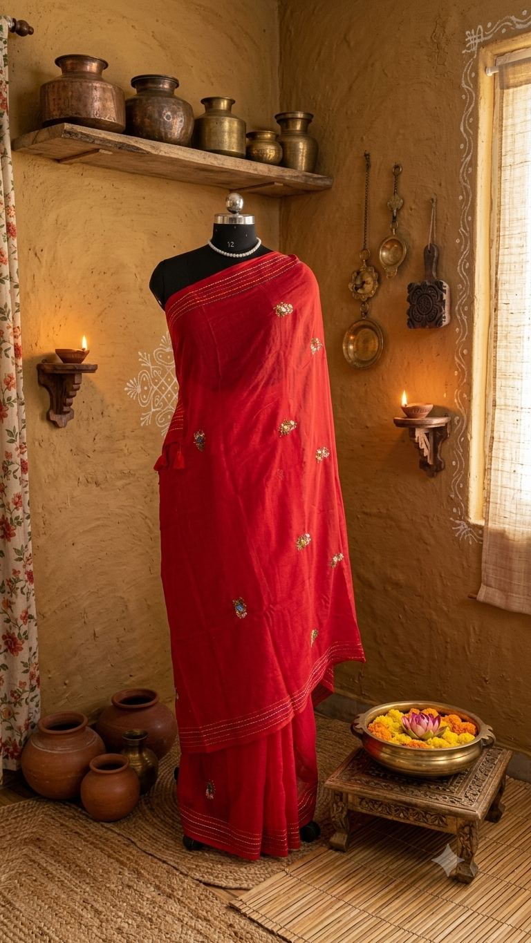 Advika- Blush Red Mul Mul Cotton Saree with Handcrafted Bullion Stitch