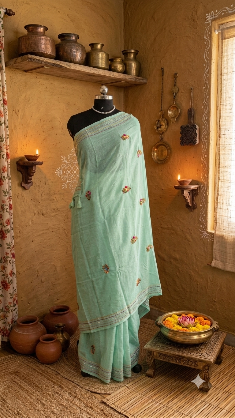 Advika- Mint Green Mul Mul Cotton Saree with Handcrafted Bullion Stitch