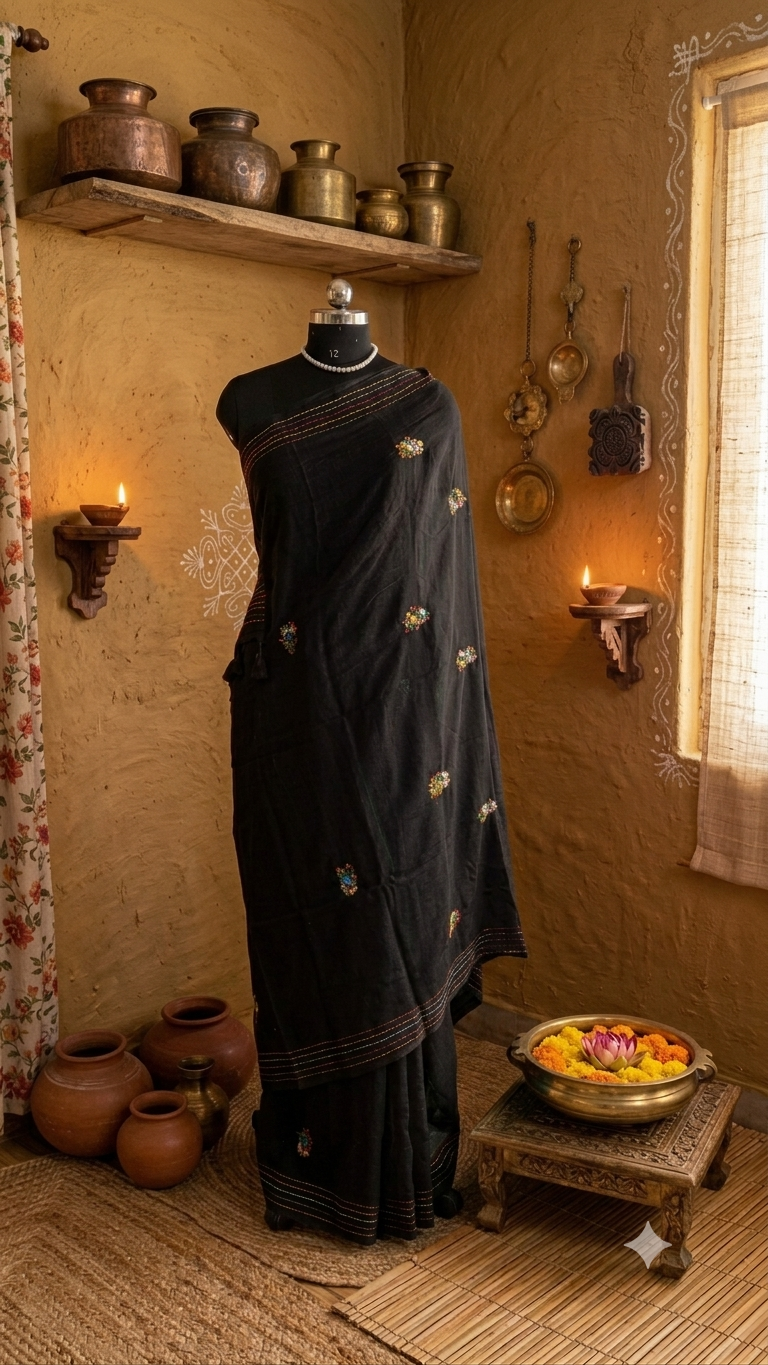 Advika- Black Mul Mul Cotton Saree with Handcrafted Bullion Stitch