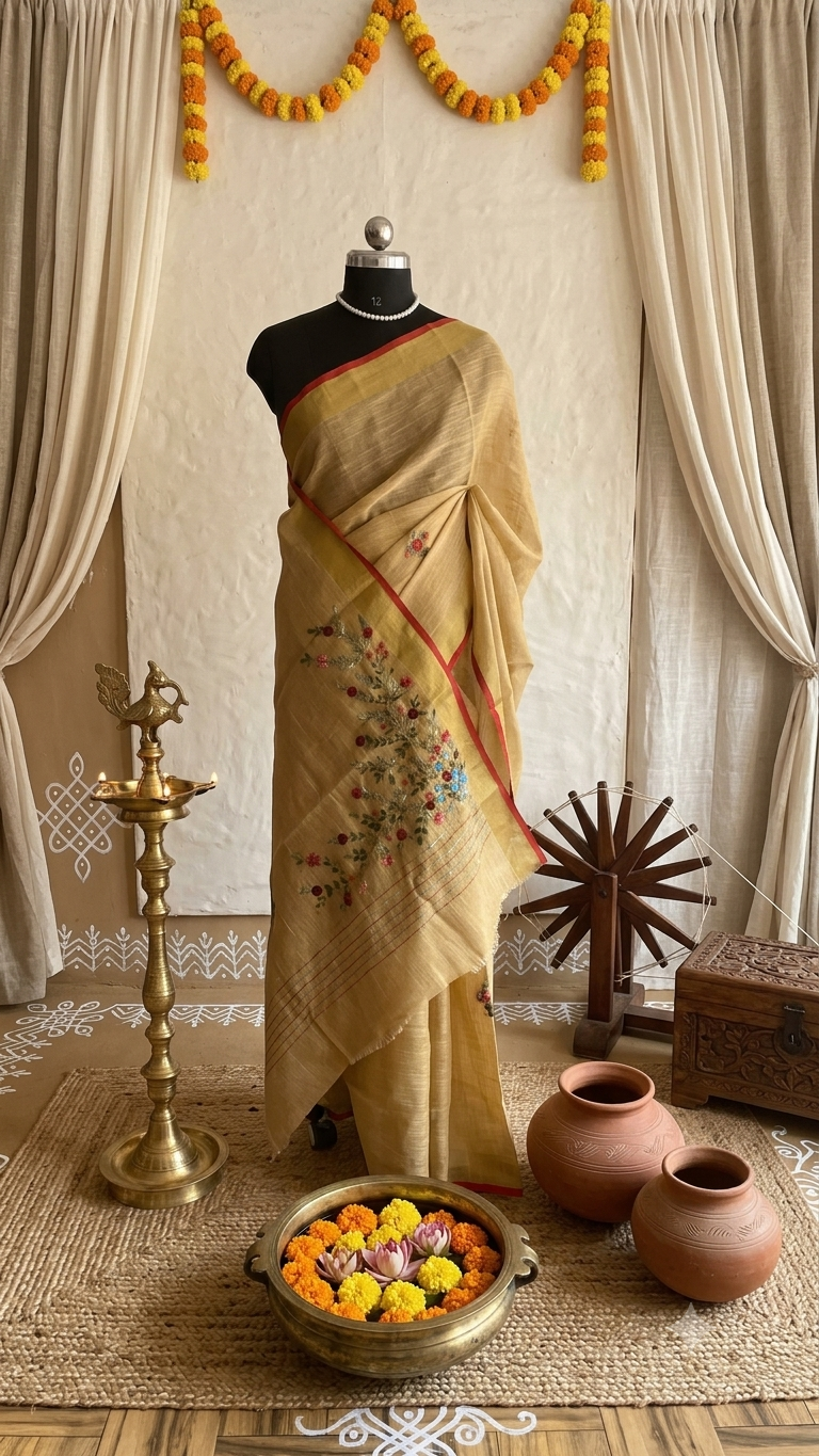 Swarnika — Light Brown Linen Tissue Saree with Resham & Bullion Embroidery